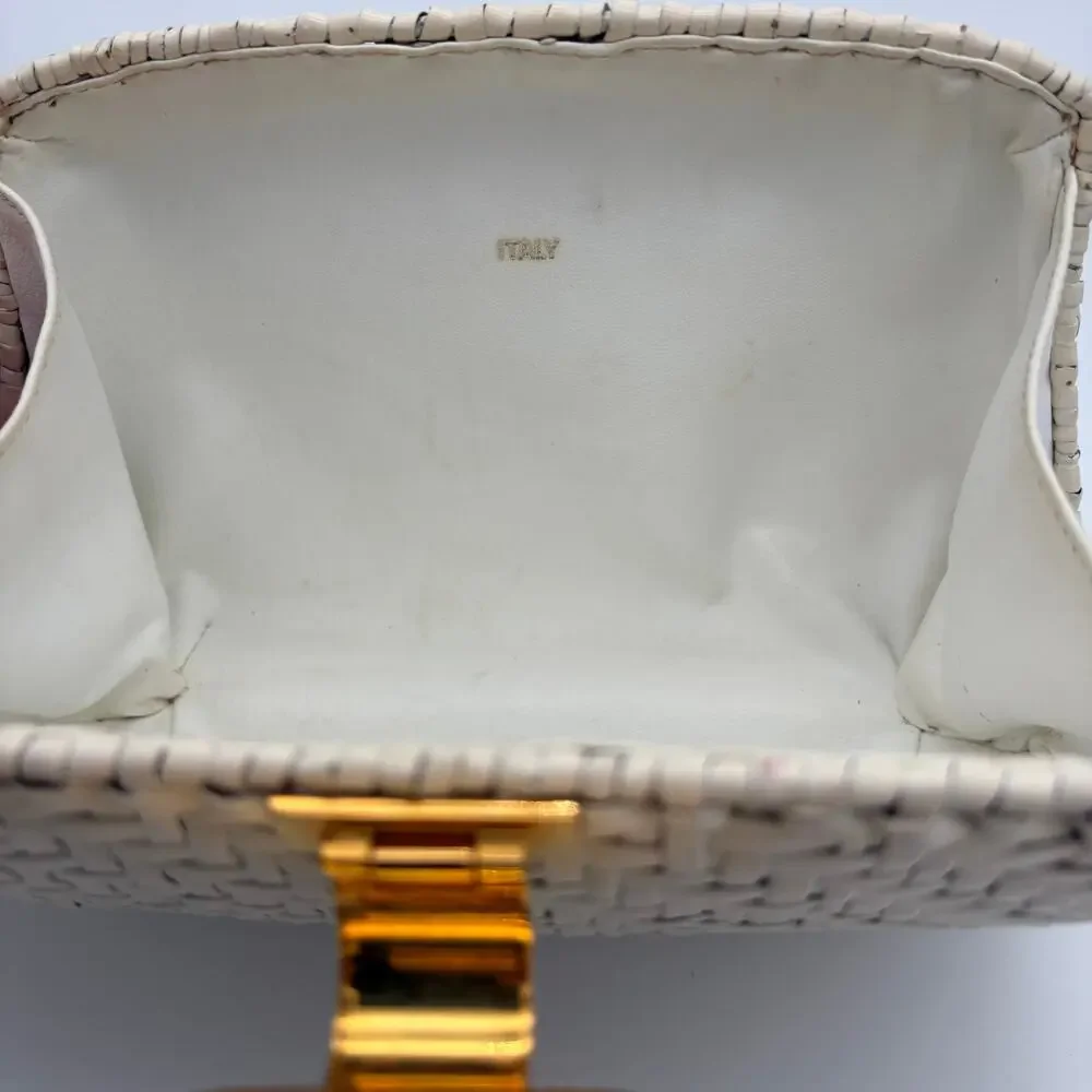 Rodo Italy Woven Cane Leather Box Clutch Ivory Gold Tone Vintage Bag